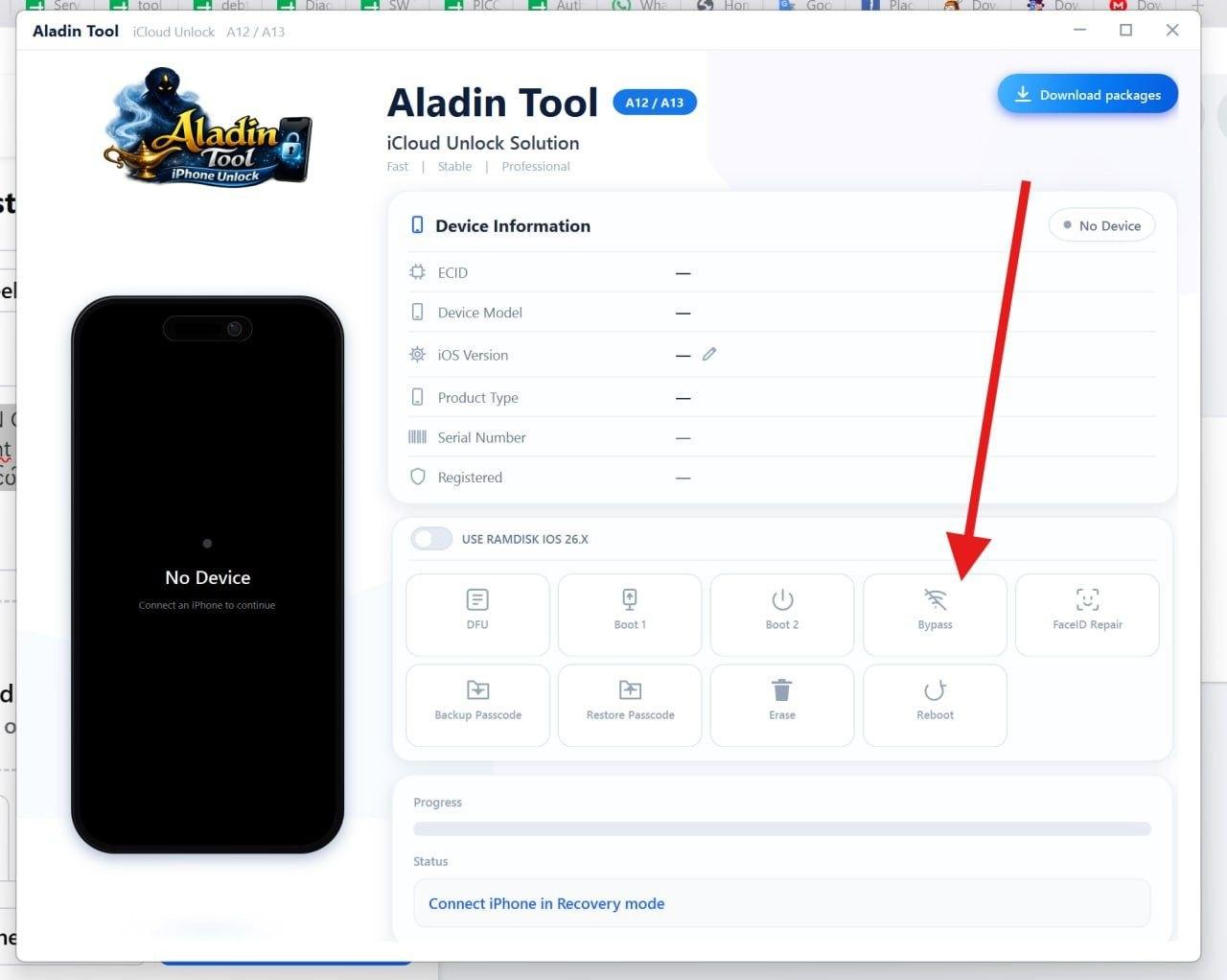 Aladin Tool iCloud Hello & Passcode Bypass A12/A13 Ramdisk IOS26+ iPhone XS, XS Max, XR, SE2 11, 11 Pro, 11 Pro MaxiPad mini 5th generation, Air 3rd generation, iPad 8th generation, iPad 9th generation